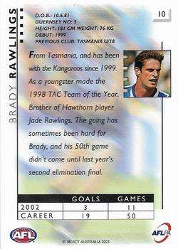 2003 Select XL Ultra AFL #10 Brady Rawlings Back